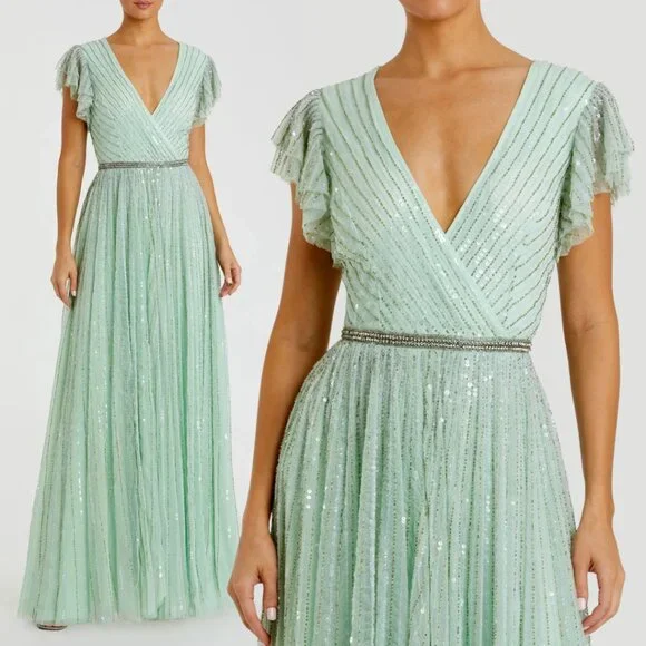 Mac Duggal 5502 Size 16 Light Green Sequined Ruffled Cap Sleeve Gown Maxi Dress - Picture 1 of 4